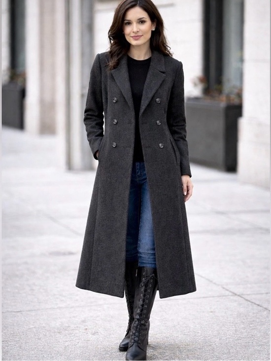 Jackets & Blazers - Long Wool Double-Breasted Women's Coat in Dark Gray
